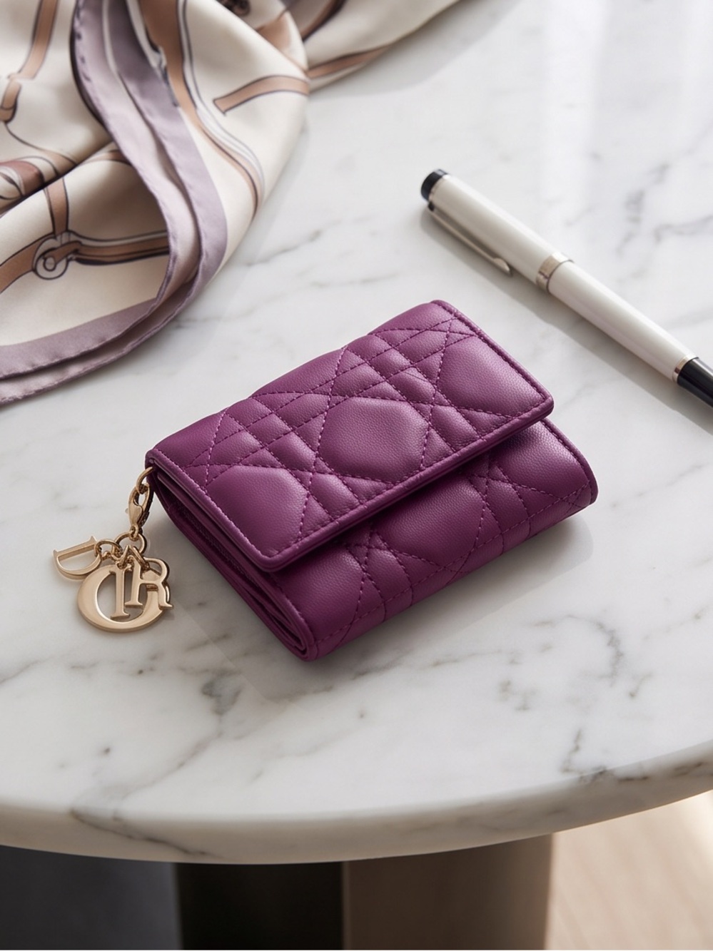 Dior Plum Quilted Leather Trifold Coin Wallet with Gold Charm